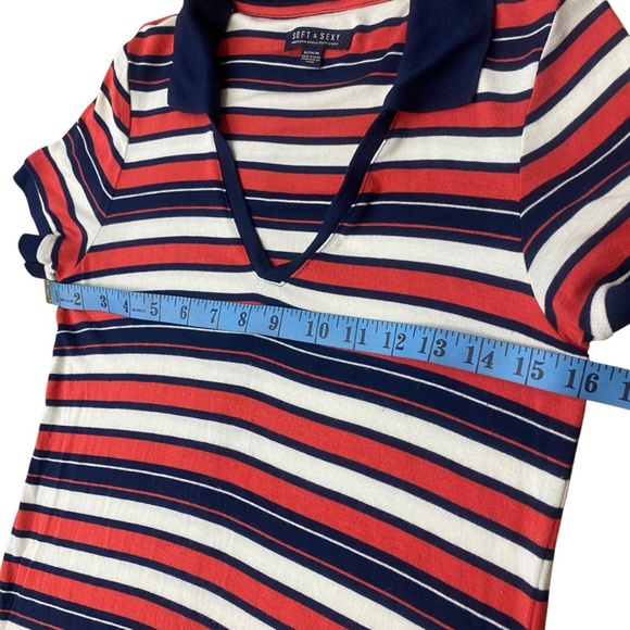 Y2k American Eagle Stripe Soft  & Sexy Women's Medium Sailor V Neck Collar Shirt - Picture 5 of 7